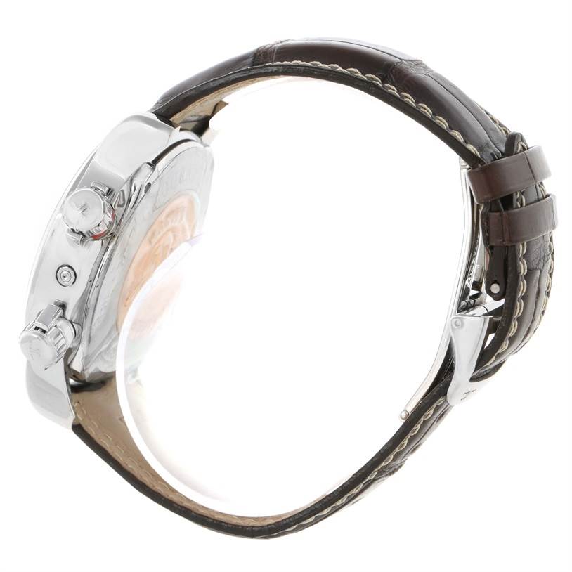 This image shows a side view of the Jaeger-LeCoultre Master model watch, highlighting its crown, pushers, and leather strap.