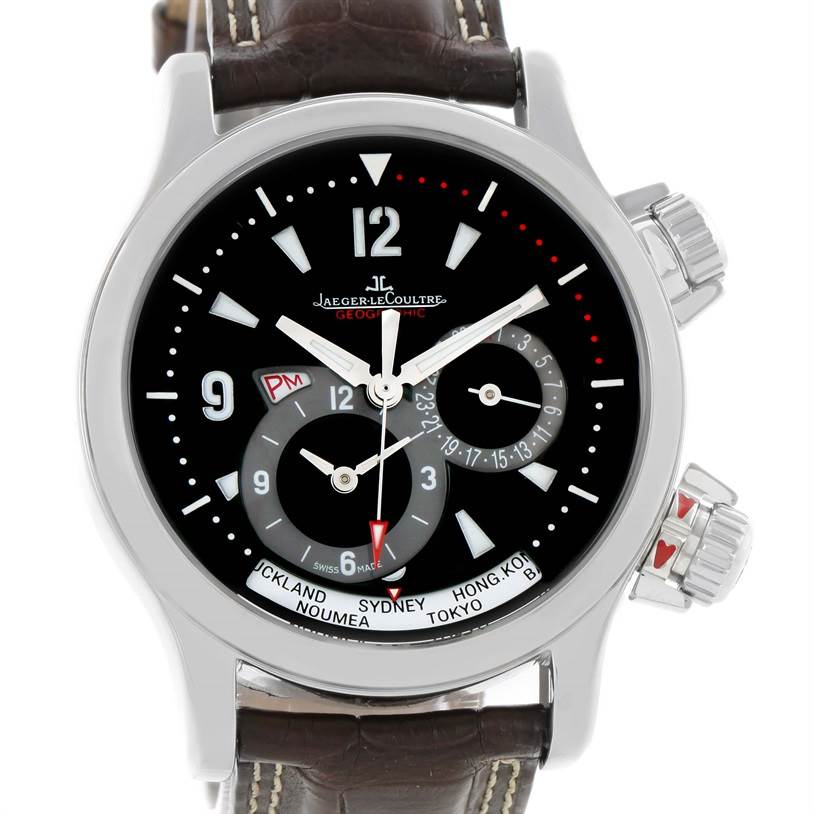 The image shows a front view of the Jaeger-LeCoultre Master Geographic watch, displaying the dial, hands, sub-dials, and the crown.