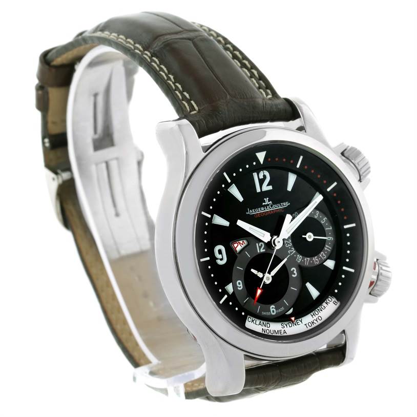 The image shows a side angle of the Jaeger LeCoultre Master Q1718470 Men's Stainless Steel Black Dial Q1718470 Men's Stainless Steel Black Dial model watch, highlighting its face, bezel, and leather strap.