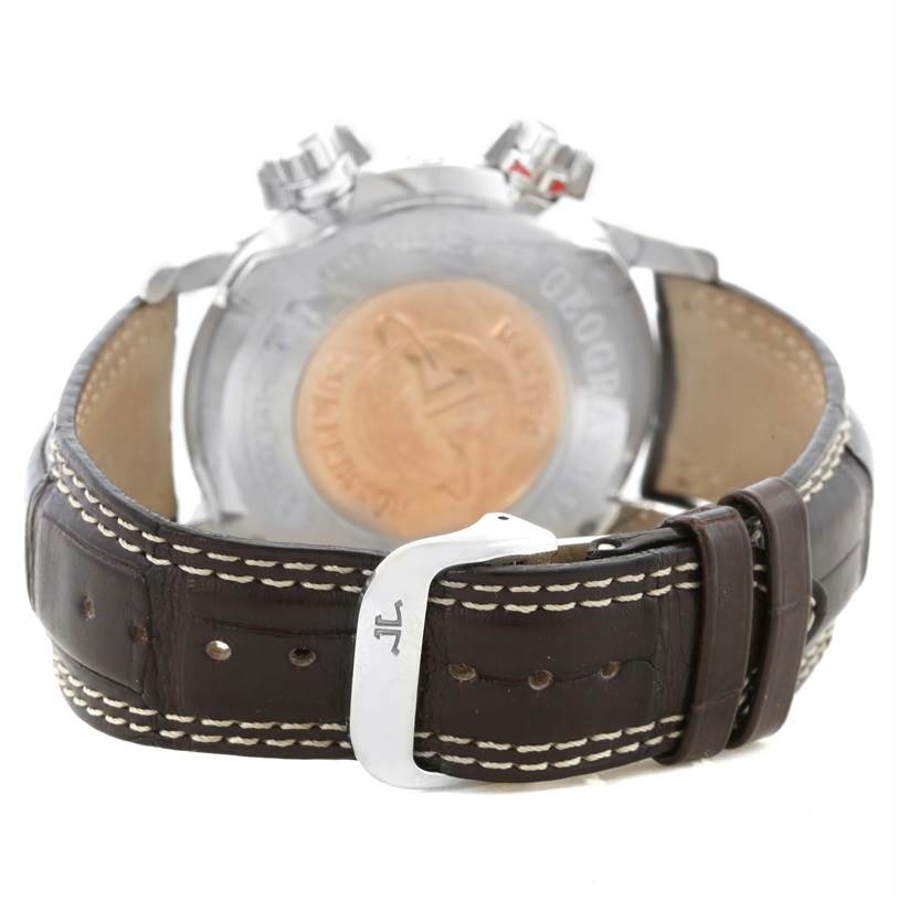 The image shows the back view of a Jaeger LeCoultre Master Q1718470 Men's Stainless Steel Black Dial Q1718470 Men's Stainless Steel Black Dial model watch, highlighting its leather strap and buckle.