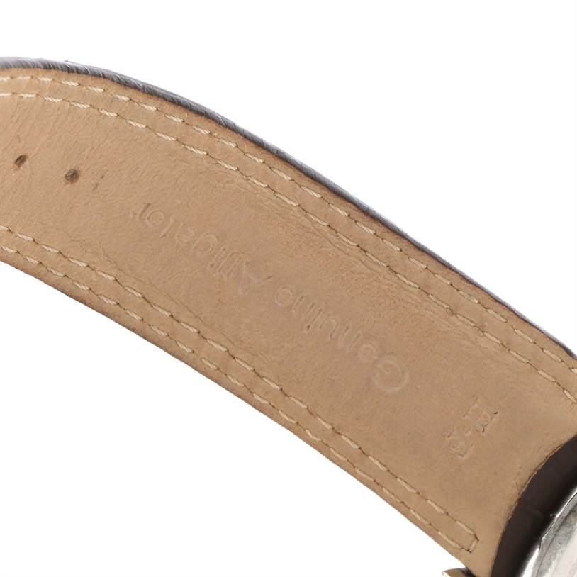 The image shows a close-up of the inner side of the leather strap from a Jaeger LeCoultre Master Q1718470 Men's Stainless Steel Black Dial Q1718470 Men's Stainless Steel Black Dial model watch.