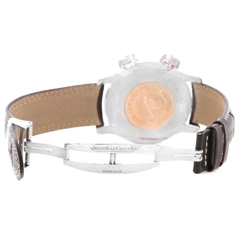 This image shows the back and clasp of a Jaeger LeCoultre Master Q1718470 Men's Stainless Steel Black Dial Q1718470 Men's Stainless Steel Black Dial model watch, highlighting its strap and deployment buckle.