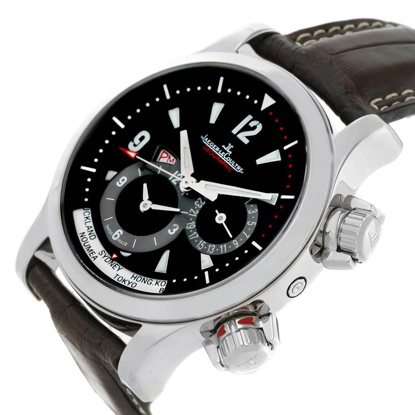 The image shows a Jaeger LeCoultre Master Q1718470 Men's Stainless Steel Black Dial Q1718470 Men's Stainless Steel Black Dial model watch from an angled side view, highlighting its dial, crown, and leather strap.