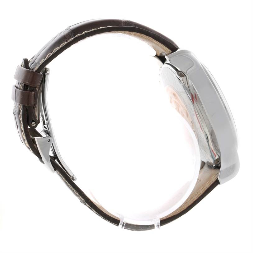 The image shows a side profile of the Jaeger-LeCoultre Master model watch, highlighting its case and leather strap.