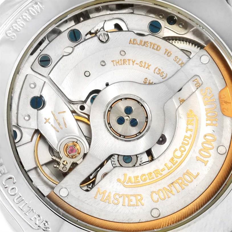 The image shows the back view of the Jaeger-LeCoultre Master model, highlighting the intricate movement parts and engravings.