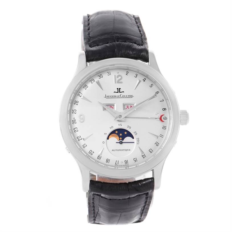 The image shows a front view of a Jaeger LeCoultre Master 140.8.98.S Men
s Stainless Steel Silver Dial 140.8.98.S Men
s Stainless Steel Silver Dial watch, displaying its dial, hands, calendar, and moon phase.