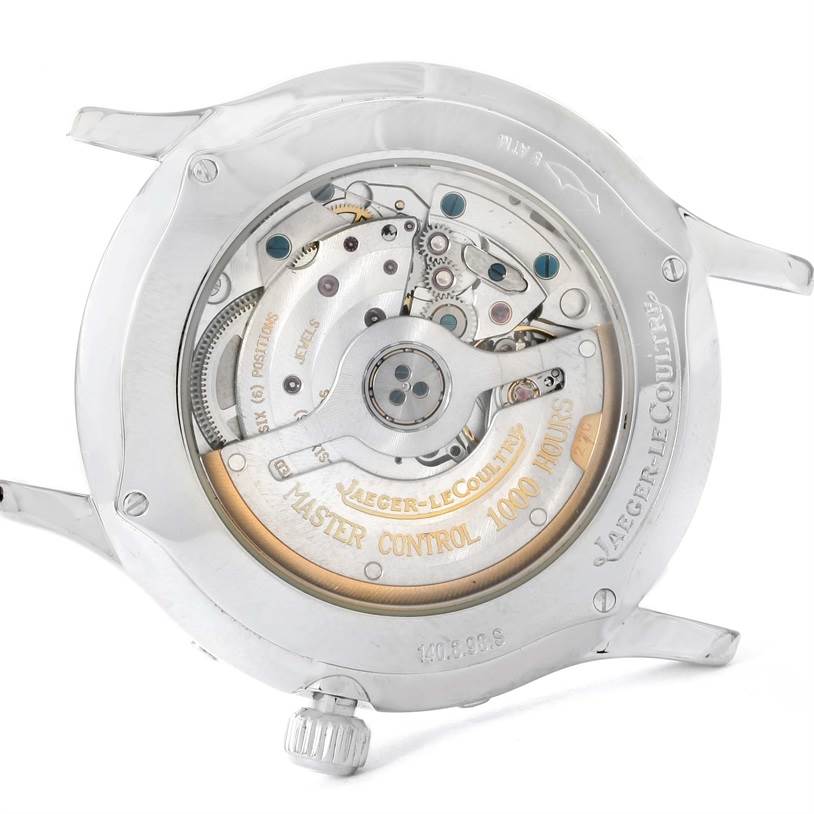 This image shows the back of the Jaeger-LeCoultre Master watch, highlighting its internal mechanical movement.