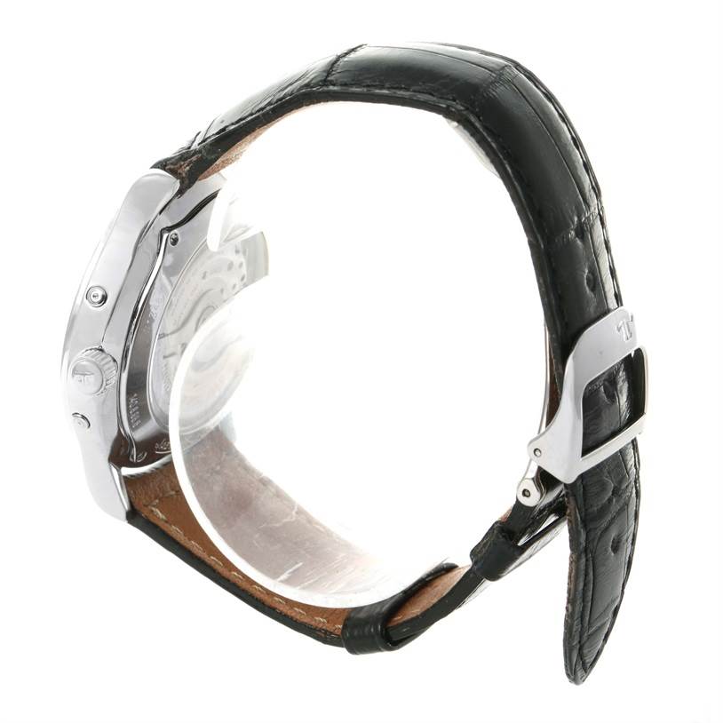 The image shows a side view of a Jaeger LeCoultre Master 140.8.98.S Men
s Stainless Steel Silver Dial 140.8.98.S Men
s Stainless Steel Silver Dial model watch, highlighting the case, crown, and leather strap with buckle.