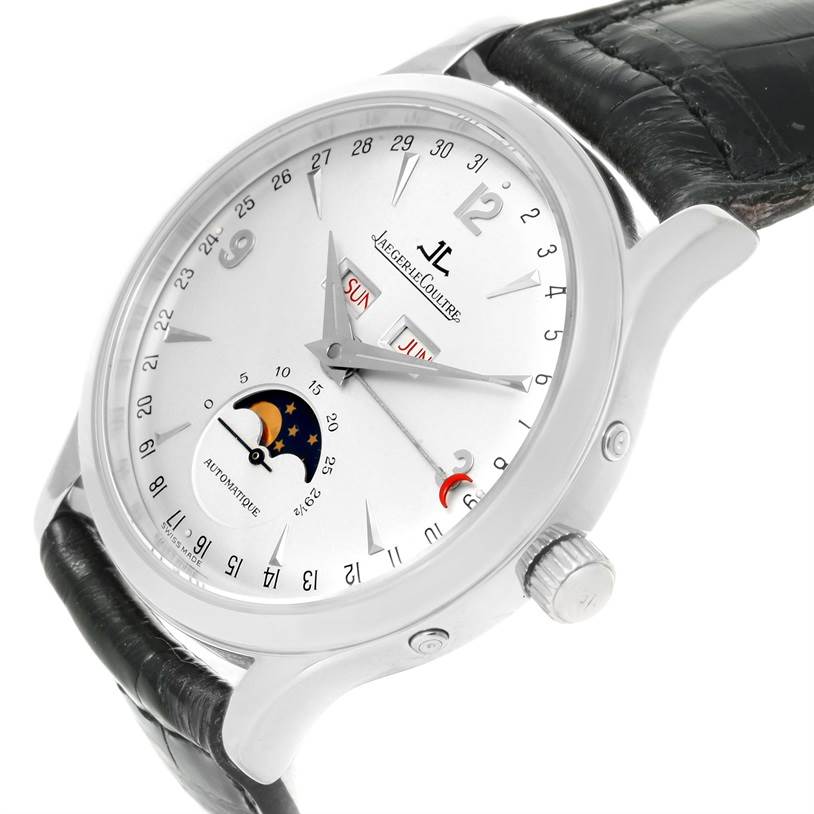 The Jaeger LeCoultre Master 140.8.98.S Men
s Stainless Steel Silver Dial 140.8.98.S Men
s Stainless Steel Silver Dial model watch is shown at an angled view, displaying its dial, crown, and black leather strap.