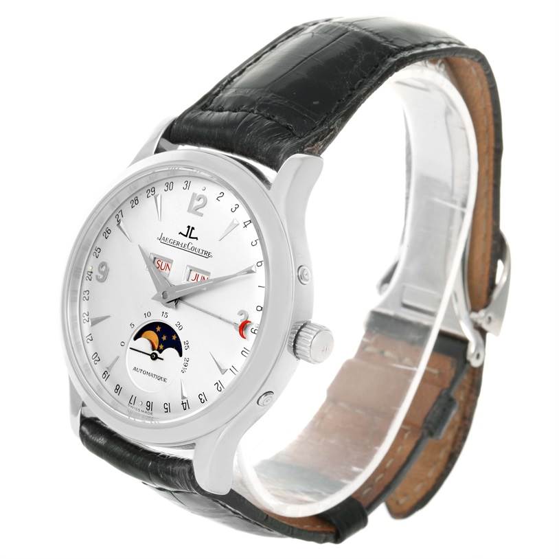 The image shows a Jaeger-LeCoultre Master watch at a three-quarter angle, displaying the face, crown, and black leather strap.