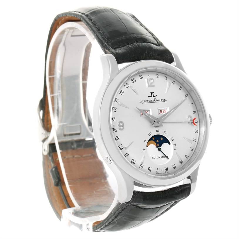 The Jaeger LeCoultre Master 140.8.98.S Men
s Stainless Steel Silver Dial 140.8.98.S Men
s Stainless Steel Silver Dial watch is shown at an angle displaying its face, black leather strap, and part of the clasp.