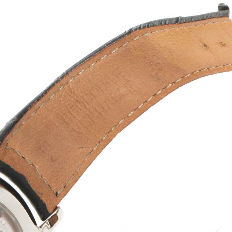 This image shows a close-up of the leather strap and part of the case back of a Jaeger LeCoultre Master 140.8.98.S Men
s Stainless Steel Silver Dial 140.8.98.S Men
s Stainless Steel Silver Dial model watch.