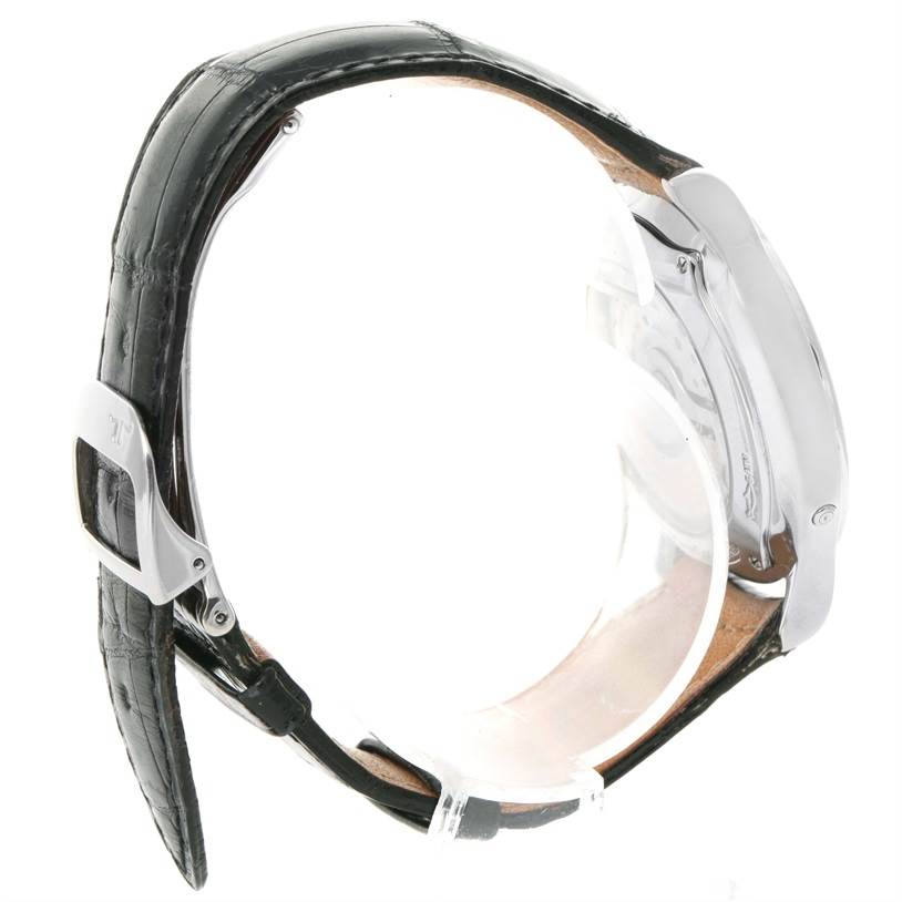 The image shows a side angle of a Jaeger-LeCoultre Master model watch, highlighting the case, crown, and leather strap with a buckle.