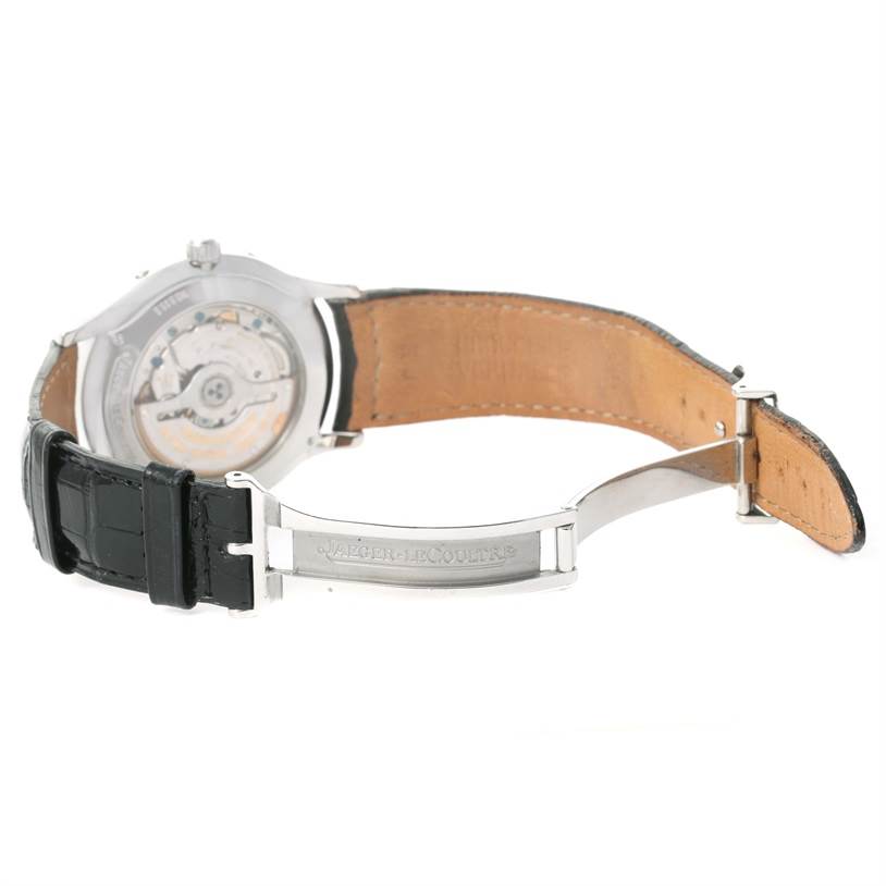 This image shows the Jaeger-LeCoultre Master model from a rear angle, displaying the movement, leather strap, and clasp.