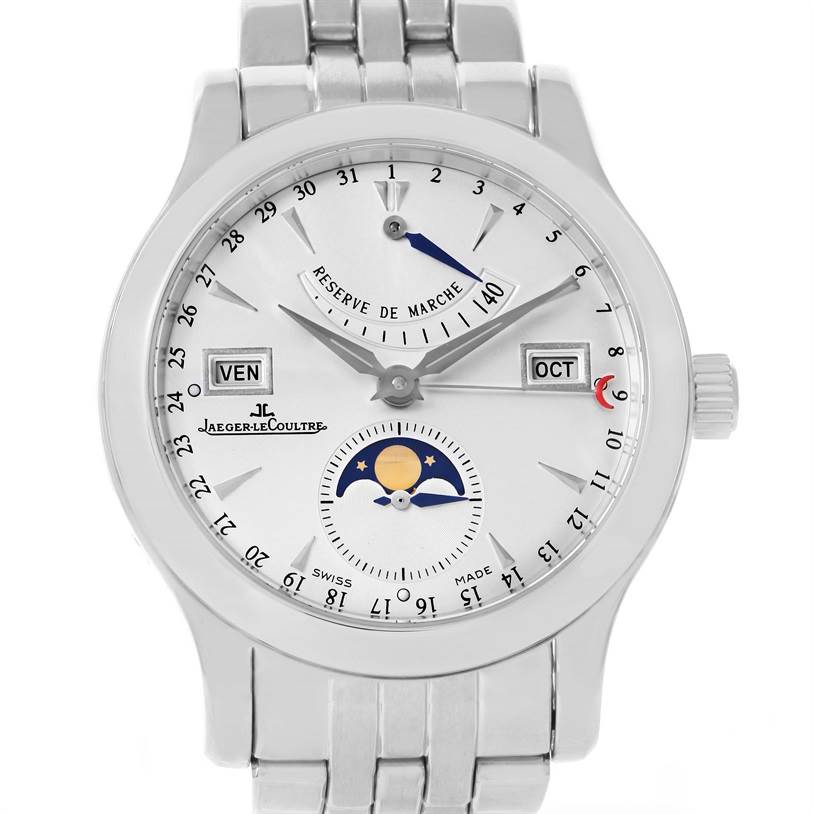 The Jaeger LeCoultre Master 147.8.41.S Men
s Stainless Steel Silver Dial 147.8.41.S Men
s Stainless Steel Silver Dial model watch is shown from a top-down angle, displaying its face, date, and moon phase features.