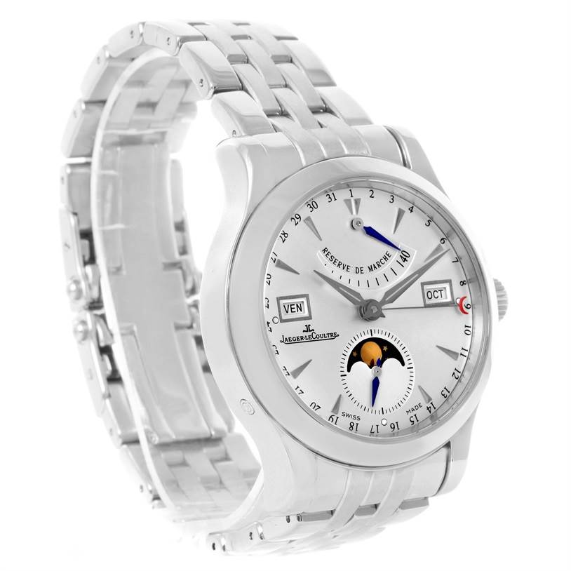 This image shows a Jaeger LeCoultre Master 147.8.41.S Men
s Stainless Steel Silver Dial 147.8.41.S Men
s Stainless Steel Silver Dial watch at a three-quarter angle, highlighting the face, dial, and metal bracelet.