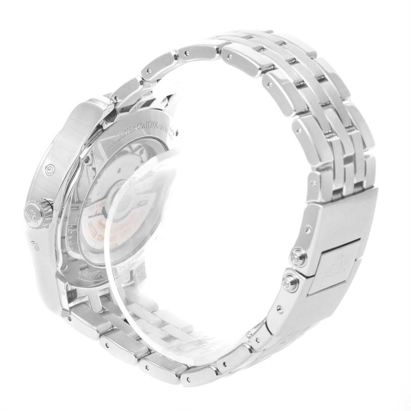 The image shows the back and side view of a Jaeger LeCoultre Master 147.8.41.S Men
s Stainless Steel Silver Dial 147.8.41.S Men
s Stainless Steel Silver Dial model watch, highlighting its metal bracelet and clasp.