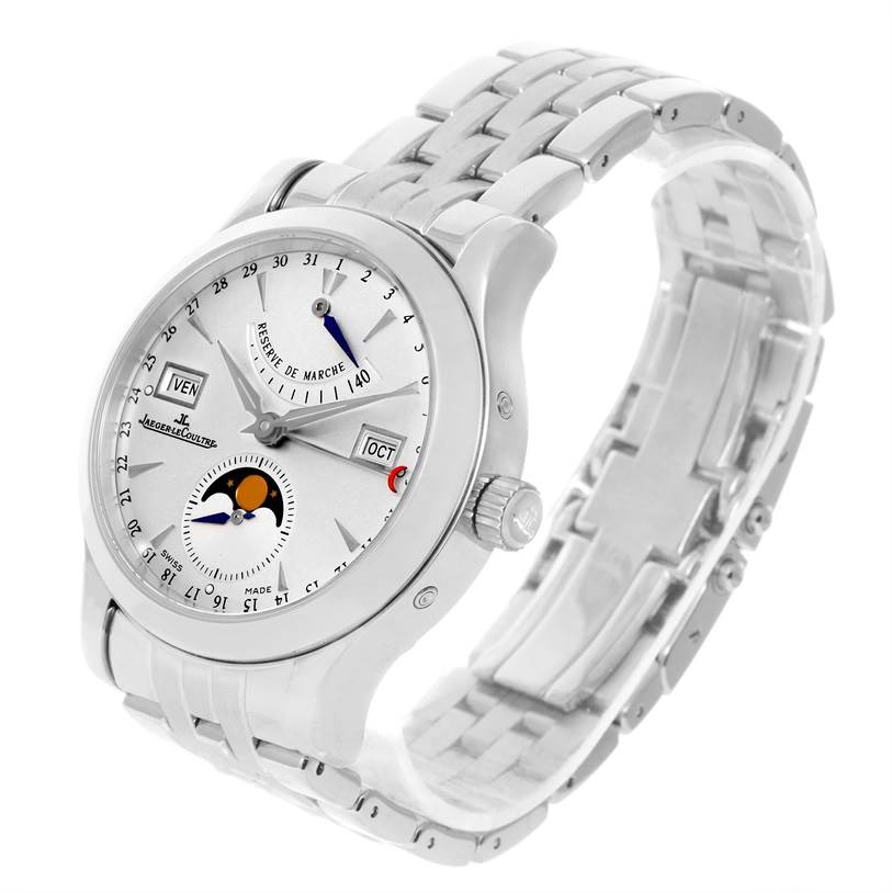 The Jaeger-LeCoultre Master model watch is shown at a three-quarter angle, highlighting its dial, crown, and metal bracelet.