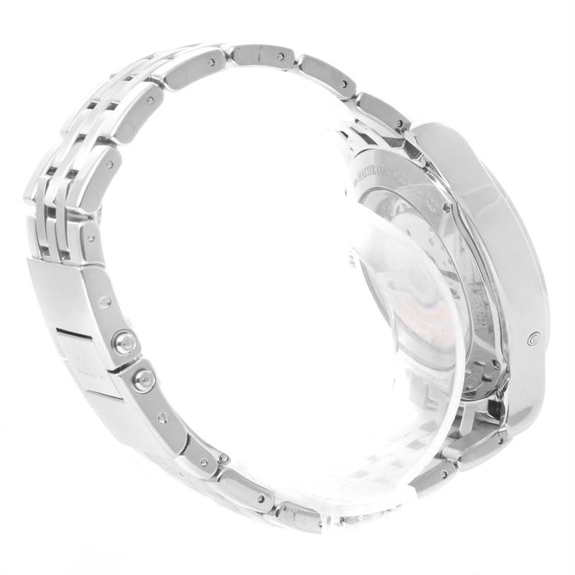 The image shows a side view of the Jaeger LeCoultre Master 147.8.41.S Men
s Stainless Steel Silver Dial 147.8.41.S Men
s Stainless Steel Silver Dial model watch, focusing on its metal bracelet and partially visible case back.
