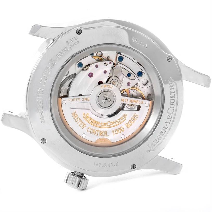 This image shows the back view of a Jaeger LeCoultre Master 147.8.41.S Men
s Stainless Steel Silver Dial 147.8.41.S Men
s Stainless Steel Silver Dial model watch, displaying its intricate movement and inner mechanisms.