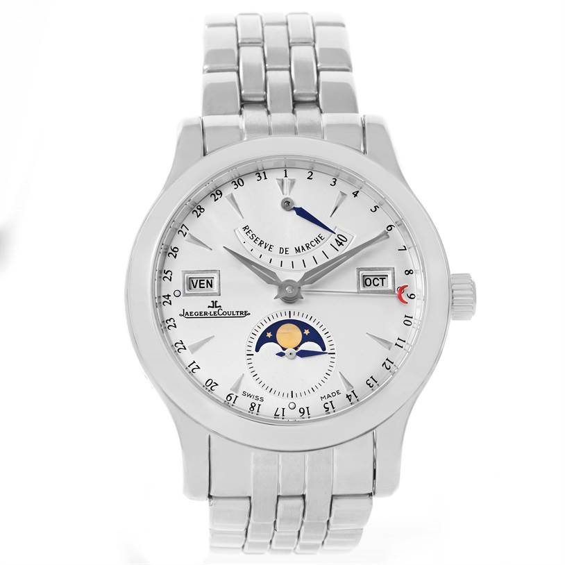 The image shows a front view of the Jaeger LeCoultre Master 147.8.41.S Men
s Stainless Steel Silver Dial 147.8.41.S Men
s Stainless Steel Silver Dial model watch, highlighting the face, bracelet, and various complications.