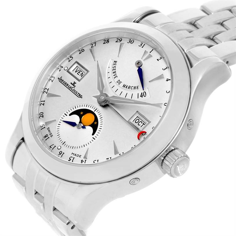 The image shows a Jaeger-LeCoultre Master model watch from a three-quarter angle, highlighting the face, dial, and part of the bracelet.