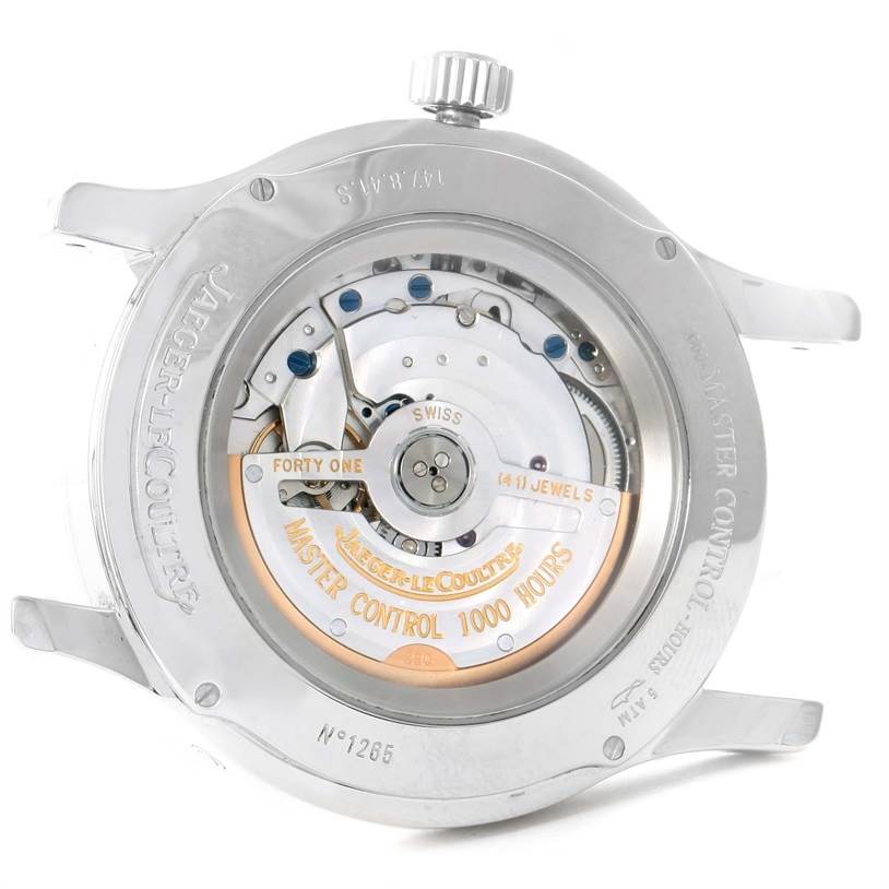 The image shows the back view of a Jaeger-LeCoultre Master model watch, highlighting its intricate movement mechanism.