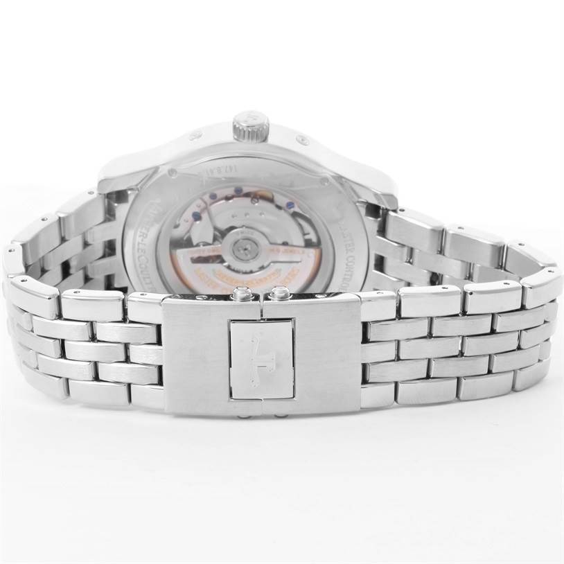 This image shows the back view of the Jaeger-LeCoultre Master watch, highlighting the movement and metal bracelet with clasp.