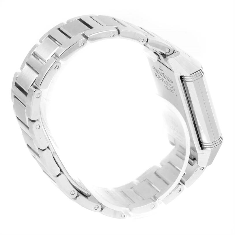The image shows the side and back of the Jaeger LeCoultre Reverso Q7048120 Stainless Steel White Dial Q7048120 Stainless Steel White Dial watch with a metal bracelet.