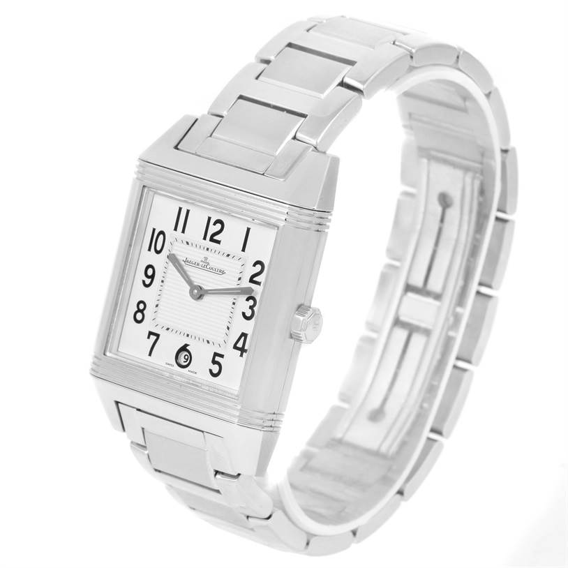 The image shows the front view of a Jaeger LeCoultre Reverso Q7048120 Stainless Steel White Dial Q7048120 Stainless Steel White Dial watch, highlighting its rectangular case, dial, and metal bracelet.