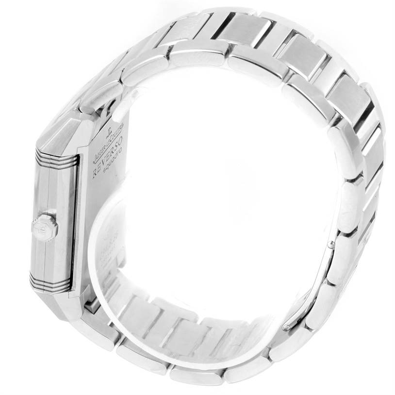 This image shows a side angle of the Jaeger LeCoultre Reverso Q7048120 Stainless Steel White Dial Q7048120 Stainless Steel White Dial watch, highlighting the case side and metal bracelet.