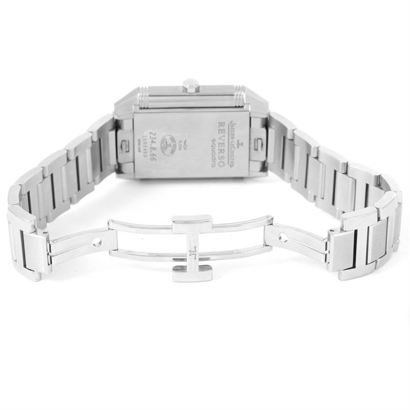 This image shows the back and bracelet of a Jaeger LeCoultre Reverso Q7048120 Stainless Steel White Dial Q7048120 Stainless Steel White Dial watch with the clasp open.