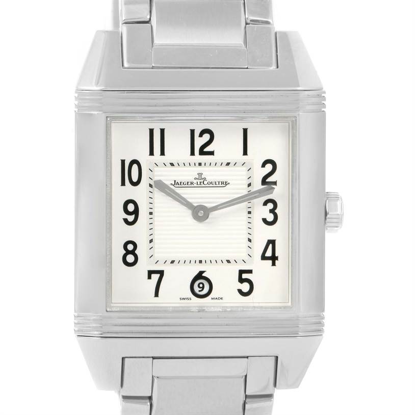 The image shows a front view of the Jaeger LeCoultre Reverso Q7048120 Stainless Steel White Dial Q7048120 Stainless Steel White Dial watch, highlighting its dial and stainless steel bracelet.