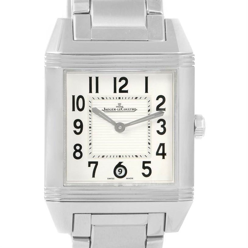 The image shows a front view of the Jaeger LeCoultre Reverso watch, highlighting its dial and stainless steel bracelet.