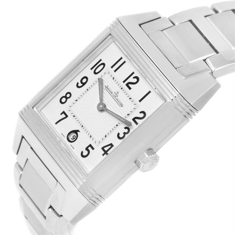 The image shows a close-up of the face and stainless steel band of a Jaeger LeCoultre Reverso Q7048120 Stainless Steel White Dial Q7048120 Stainless Steel White Dial watch.