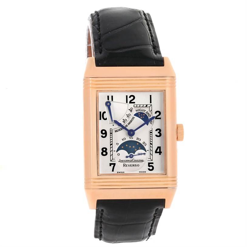 The image shows a front view of the Jaeger LeCoultre Reverso Q3042420 Men's Rose Gold Silver Dial Q3042420 Men's Rose Gold Silver Dial watch, displaying the face, dial, strap, and crown.