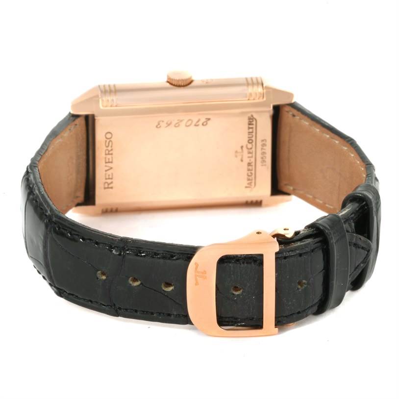 The image shows the back and side profiles of a Jaeger LeCoultre Reverso Q3042420 Men's Rose Gold Silver Dial Q3042420 Men's Rose Gold Silver Dial watch, displaying the strap, clasp, and case back.