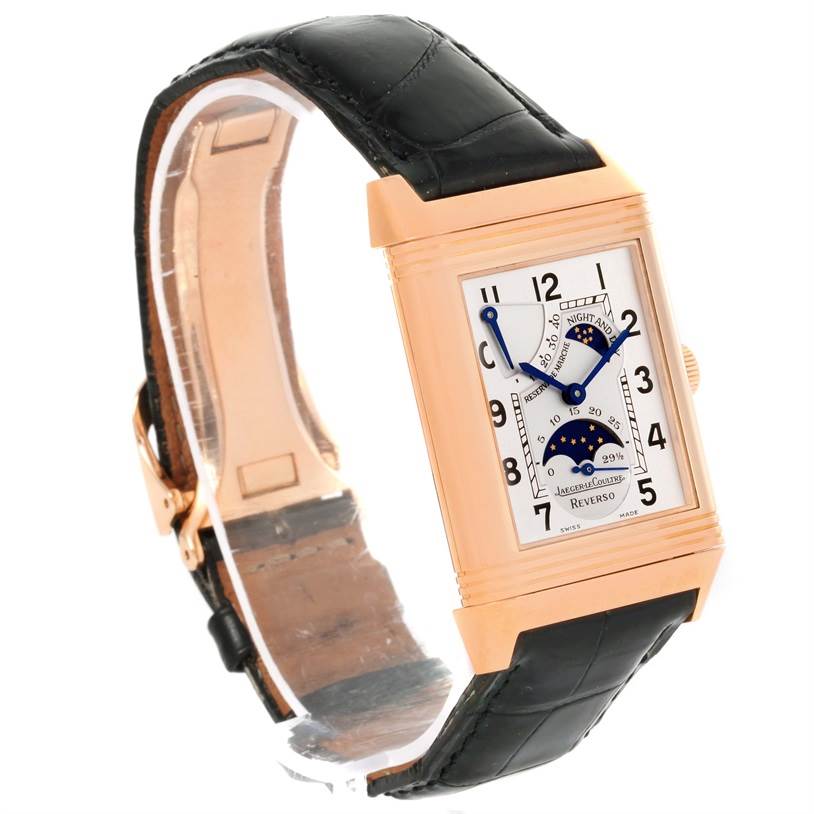 This Jaeger-LeCoultre Reverso watch is shown at an angled front view, highlighting the face, case, and leather strap.