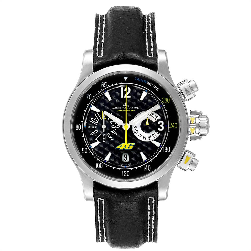 The image shows a front view of the Jaeger-LeCoultre Master model watch with its complete face and black leather strap visible.