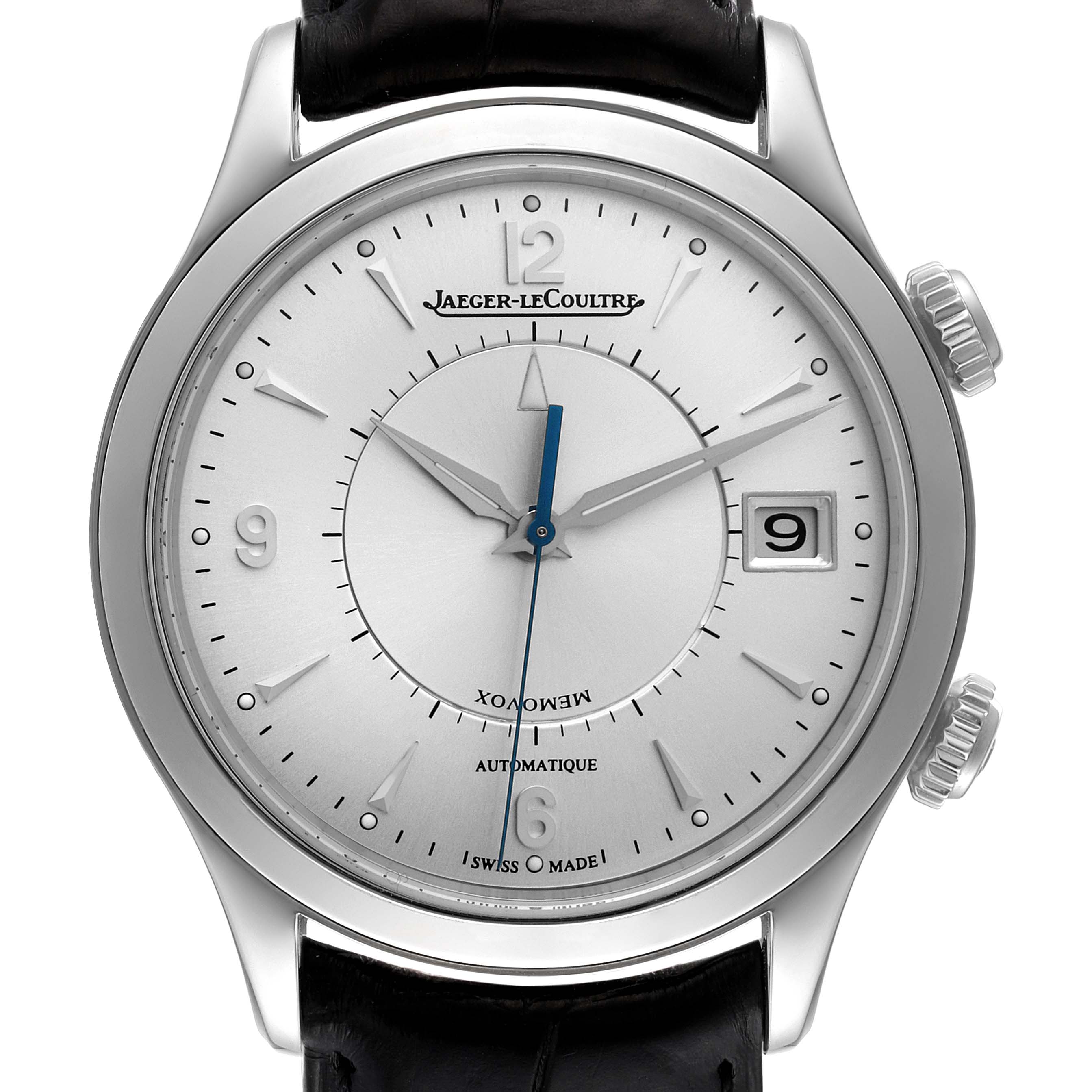 The Jaeger LeCoultre Master Q1418430 Men's Stainless Steel Silver Dial Q1418430 Men's Stainless Steel Silver Dial model watch is shown from a front angle, displaying the dial, hour markers, hands, and crown.