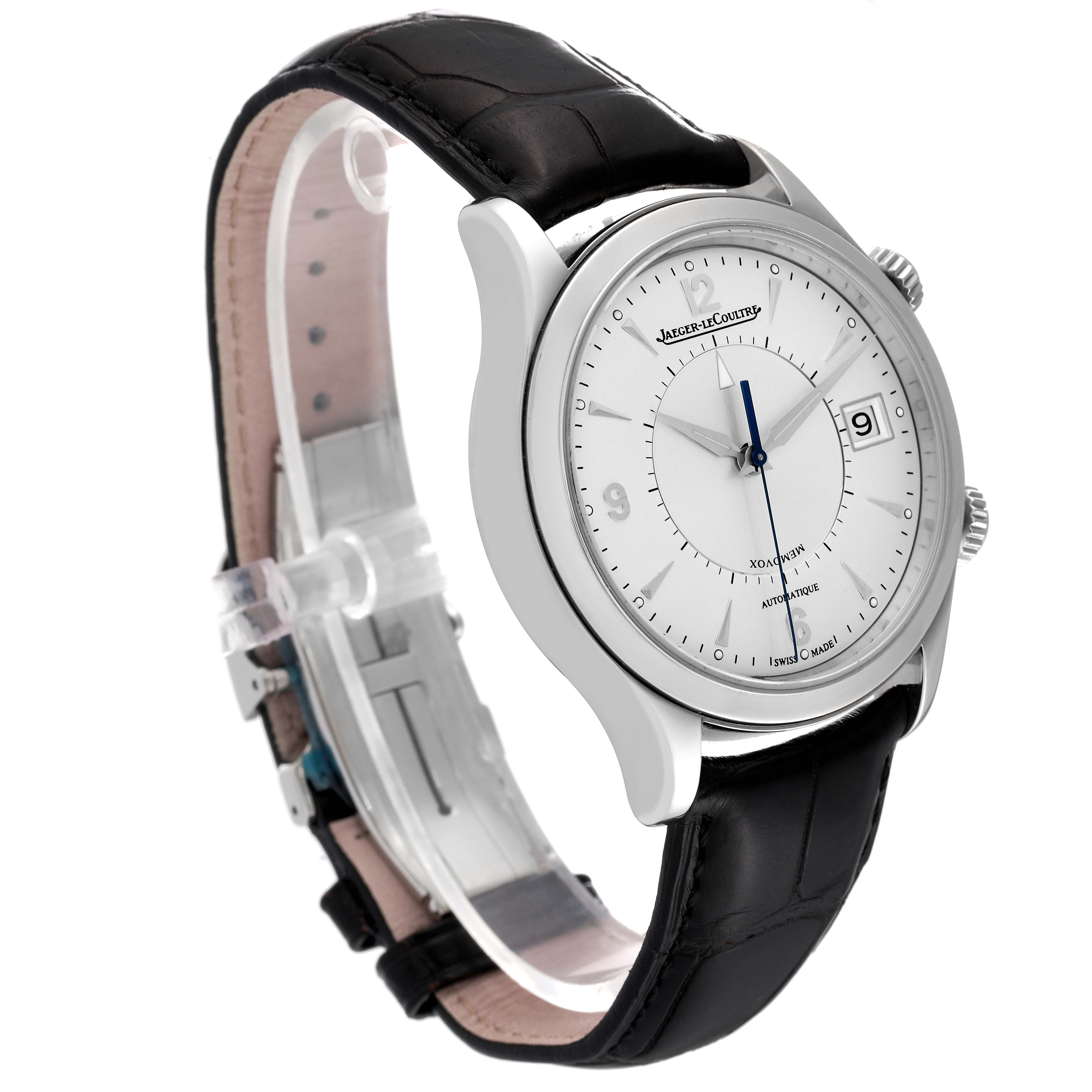 The image shows the Jaeger-LeCoultre Master model watch from a left-side angle highlighting the dial, case, and leather strap.