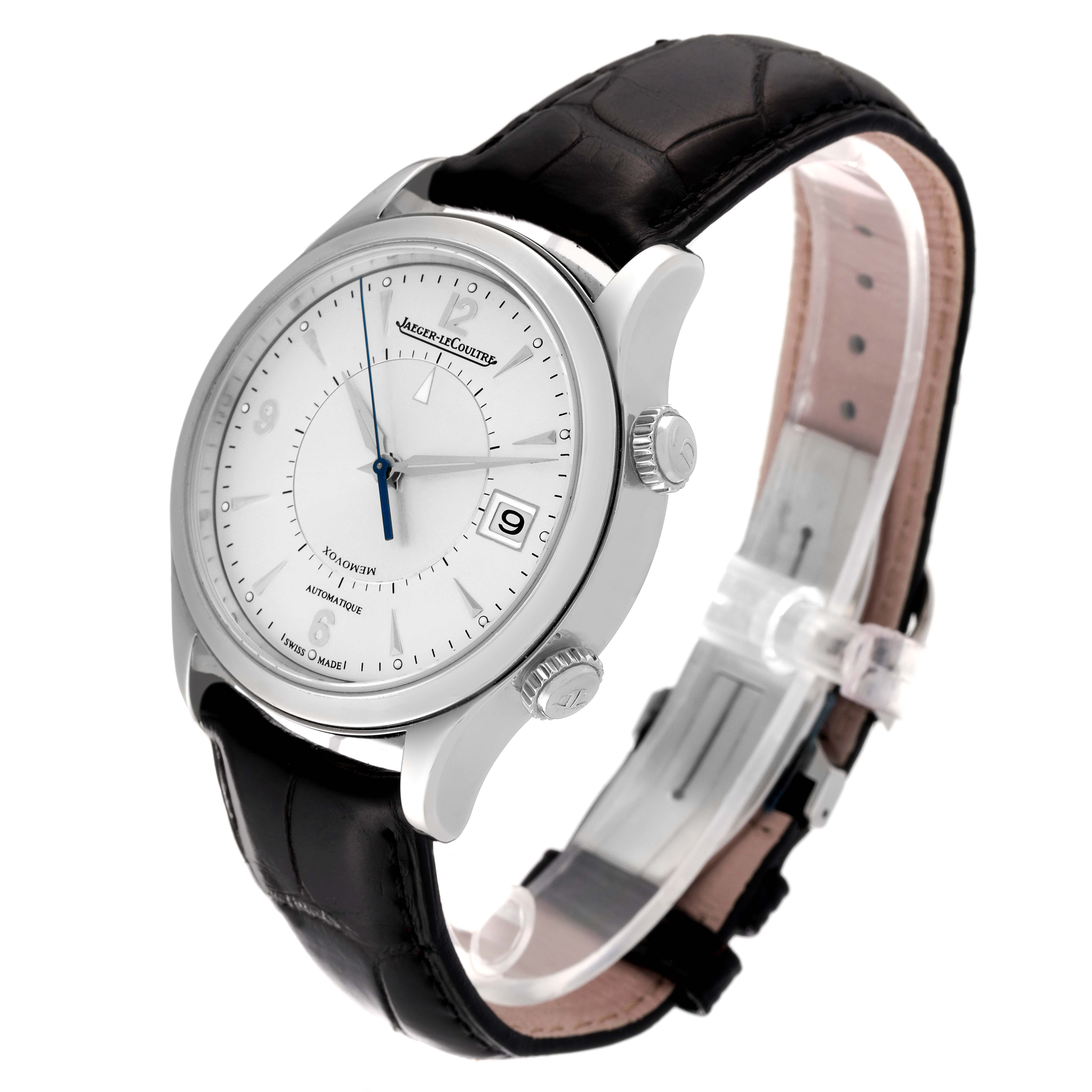 The image shows a Jaeger LeCoultre Master Q1418430 Men's Stainless Steel Silver Dial Q1418430 Men's Stainless Steel Silver Dial model watch from a front-side angle, highlighting its face, crown, and leather strap.