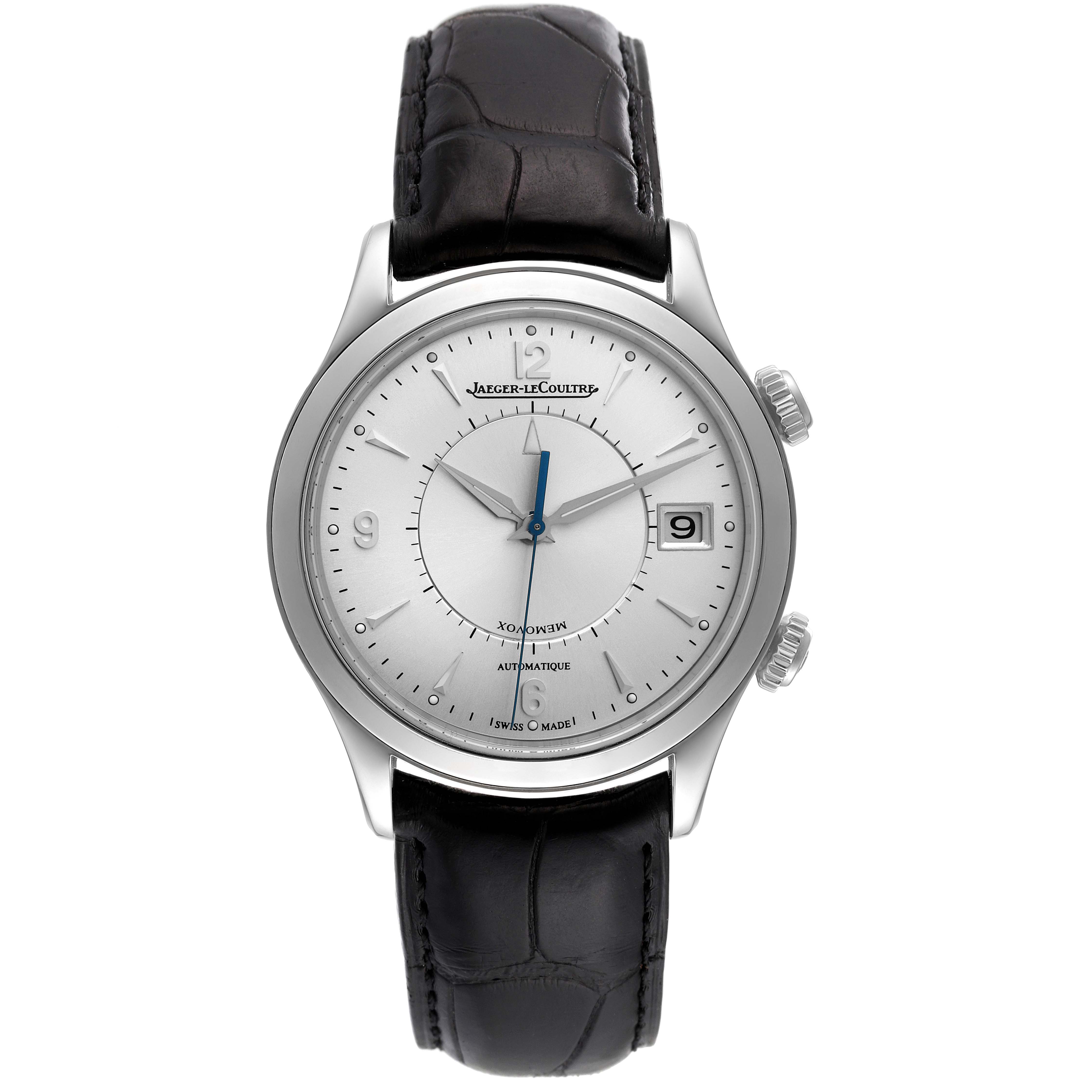 This image shows a front view of the Jaeger LeCoultre Master Q1418430 Men's Stainless Steel Silver Dial Q1418430 Men's Stainless Steel Silver Dial watch, featuring the dial, hands, and leather strap.