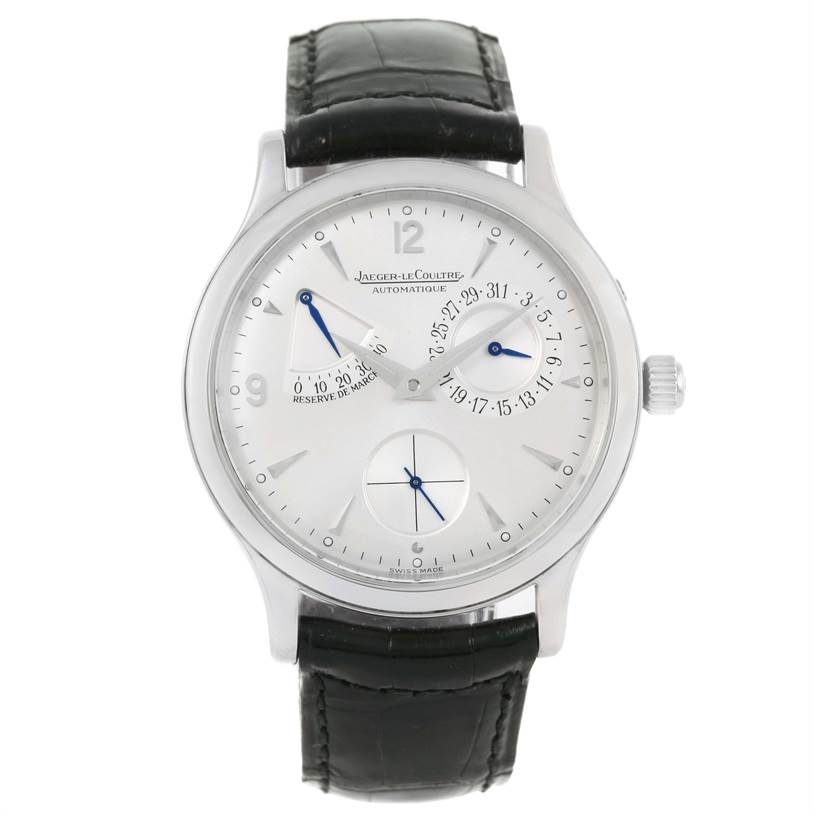The Jaeger-LeCoultre Master model watch is shown from the front, displaying its face, crown, and leather strap.