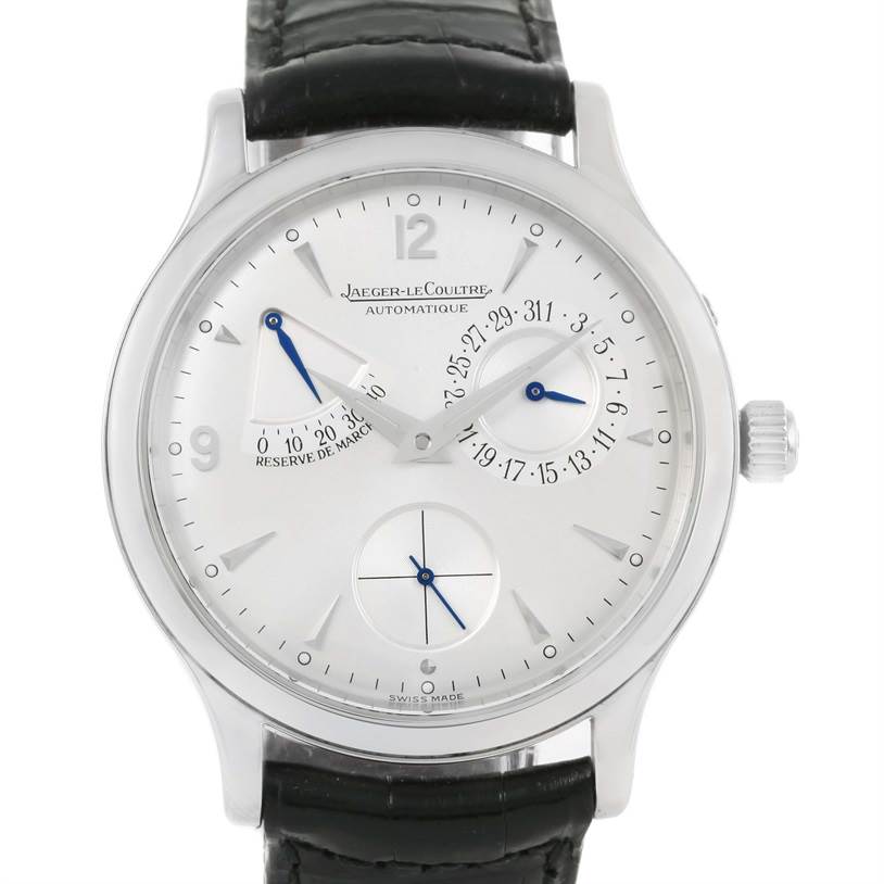 The image shows a Jaeger-LeCoultre Master model watch from the front, highlighting its dial, crown, and black leather strap.