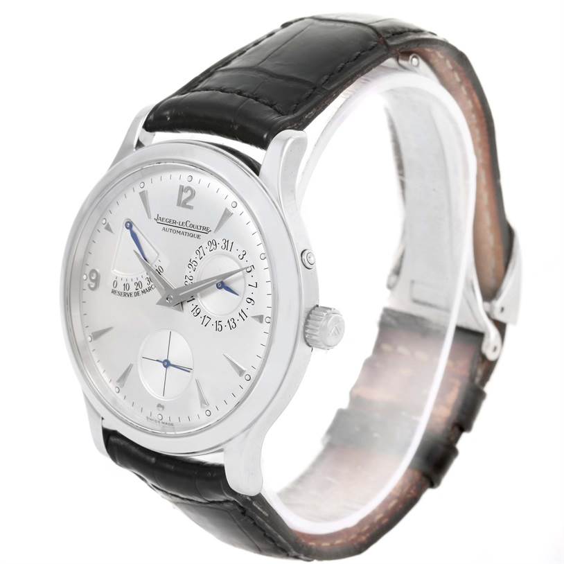 The image shows a Jaeger LeCoultre Master 140.8.93.S Men's Stainless Steel Silver Dial 140.8.93.S Men's Stainless Steel Silver Dial model watch at a slight angle, displaying the dial, crown, and leather strap.