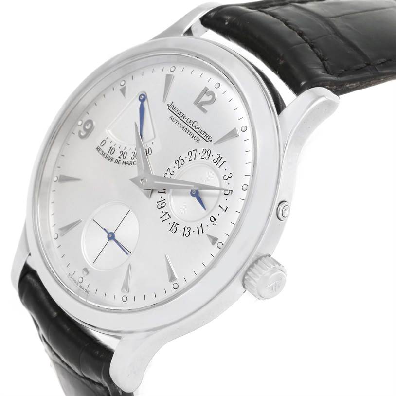 The Jaeger-LeCoultre Master model watch is shown at an oblique angle highlighting its face, crown, and leather strap.