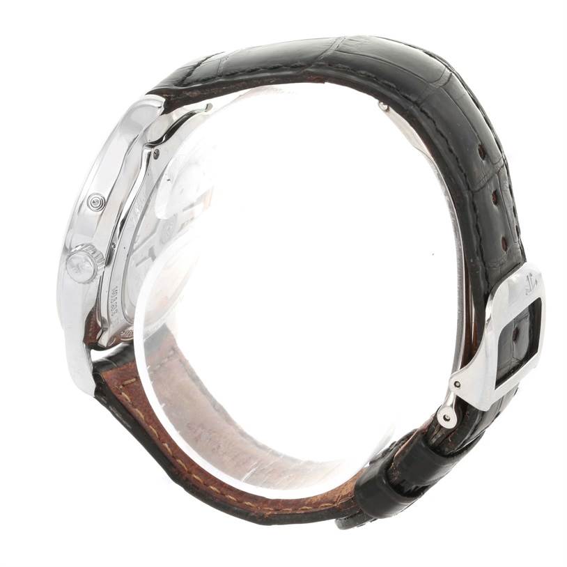 This is a side view of a Jaeger LeCoultre Master 140.8.93.S Men's Stainless Steel Silver Dial 140.8.93.S Men's Stainless Steel Silver Dial watch, showcasing the case, crown, and leather strap.