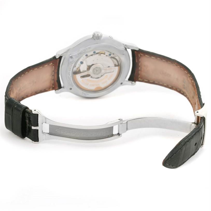 This is a rear view of a Jaeger LeCoultre Master 140.8.93.S Men's Stainless Steel Silver Dial 140.8.93.S Men's Stainless Steel Silver Dial model, showing the movement and clasp on the leather strap.