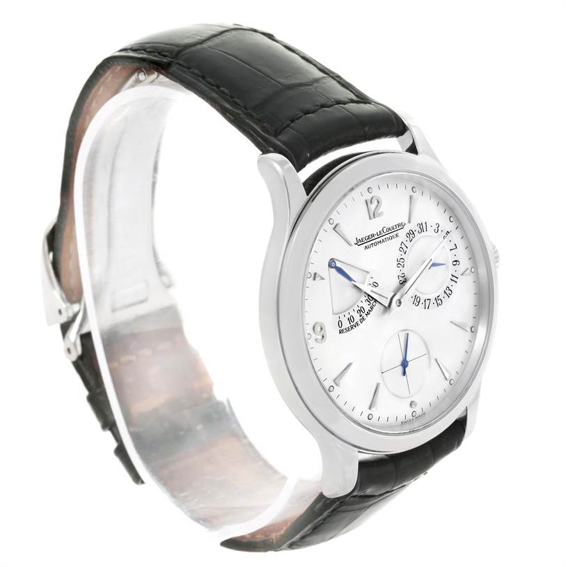 The image shows a Jaeger-LeCoultre Master watch angled from the front-left, displaying the face, case, and part of the black leather strap.